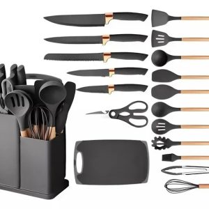 Set Ustensilos Cocina Silicona + Juego Cuchillos 19 Piezas