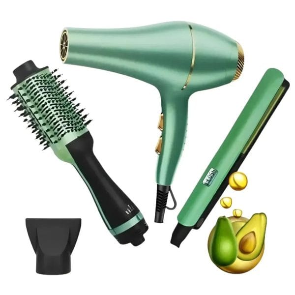 Kit Belleza Secador Cabello + Cepillo Alisador + Plancha Cabello 3 en 1 Aguacate Original ProNova
