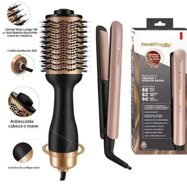 Plancha Para Cabello + Cepillo Alisador Combo Argan Keratina